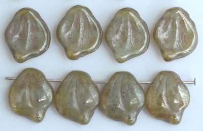 Leaf H Wavy Green Olive Opal 03300 Czech Glass Bead Charm x 5